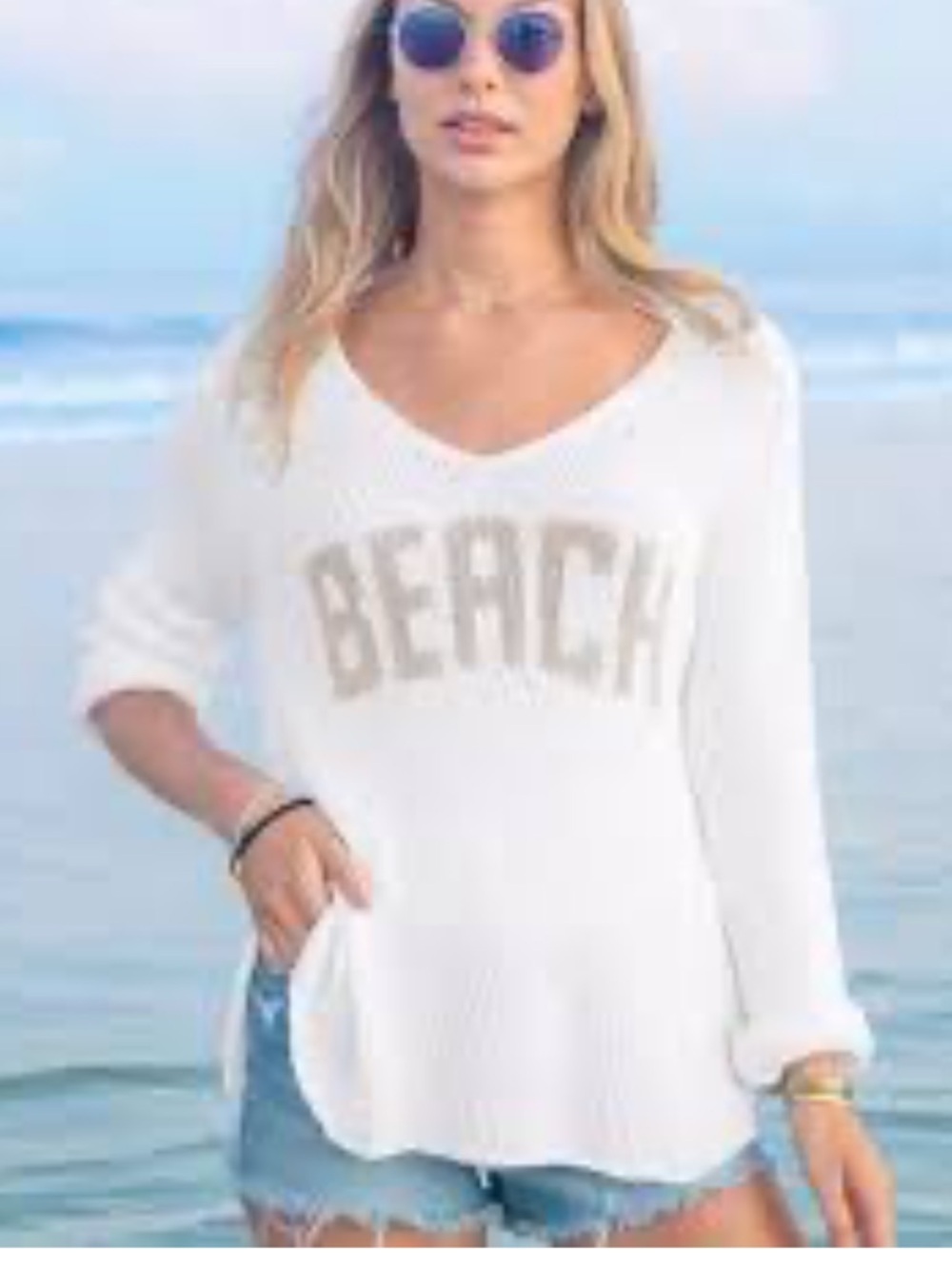Wooden Ships S/M Beach open cable knit white-tan cotton blend coastal tunic boho